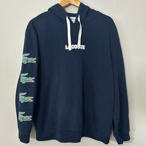 Lacoste Sport Hoodie Mens XXL Navy Blue Pullover Crocodile Sleeve Graphic